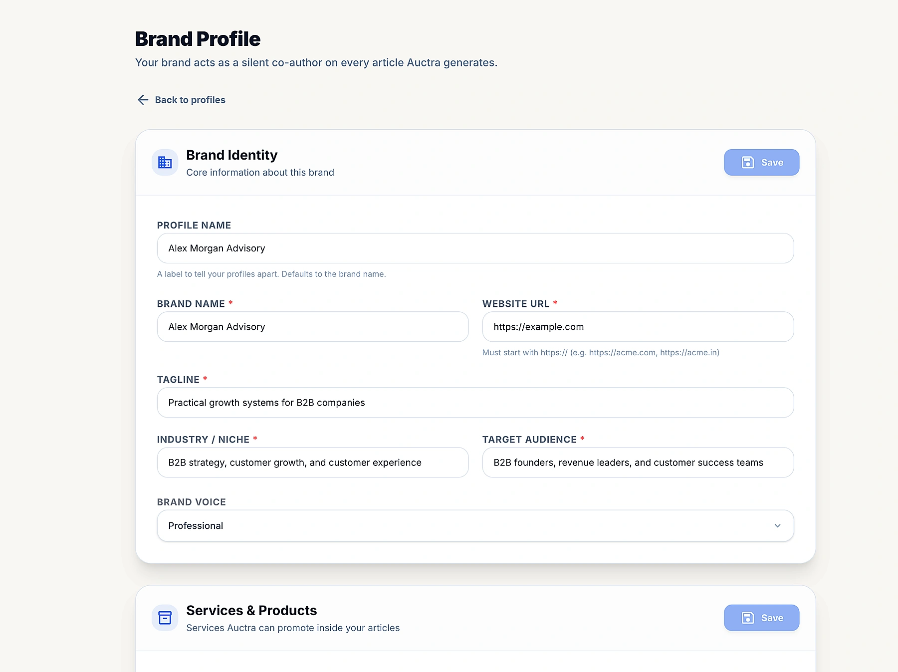 Auctra Brand Profile with audience, voice, services, and keyword settings