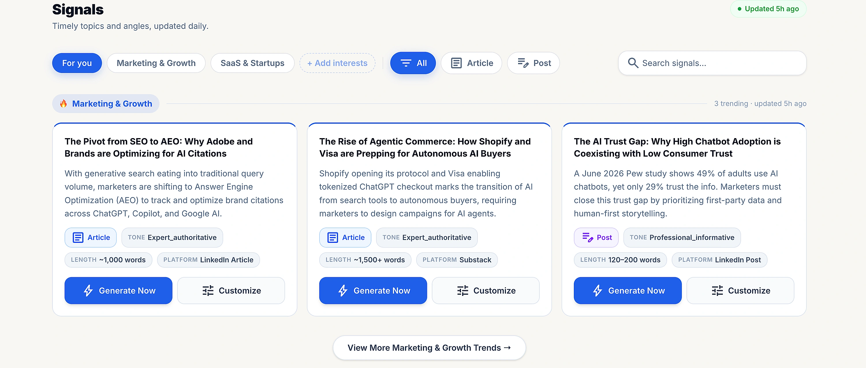 Auctra Signal Discovery showing timely marketing and SaaS topic cards